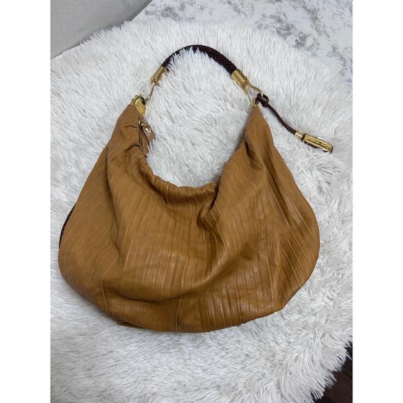 Michael Kors Women's Skorpios Crescent Hobo Tan Leather Handbag Braided Handle - Picture 3 of 11